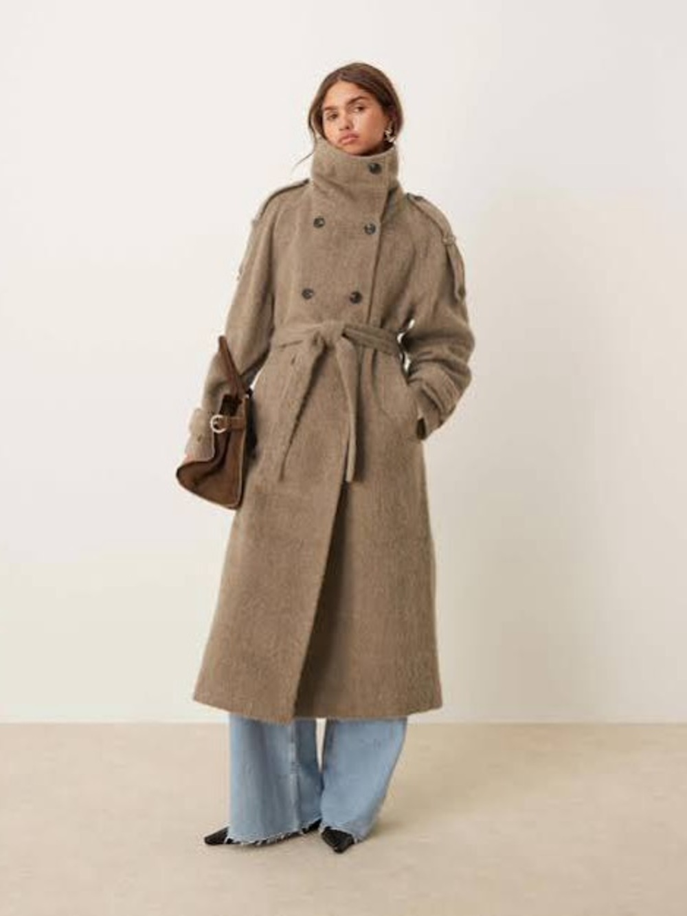 ASOS Design Brushed Funnel Neck Trench Coat Mushroom Color Women’s Size 0